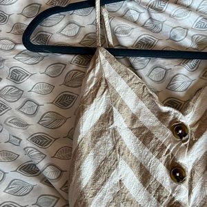 striped canvas jumpsuit M/L, stops at the mid-calf